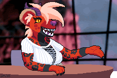 Billie is talking at an interview table, very animatedly.